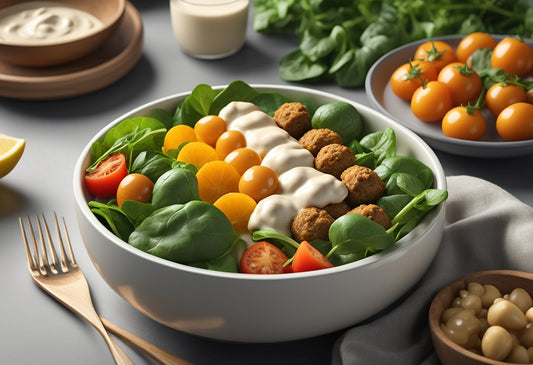 chickpea kofta salad with spinach and tahini in a bowl