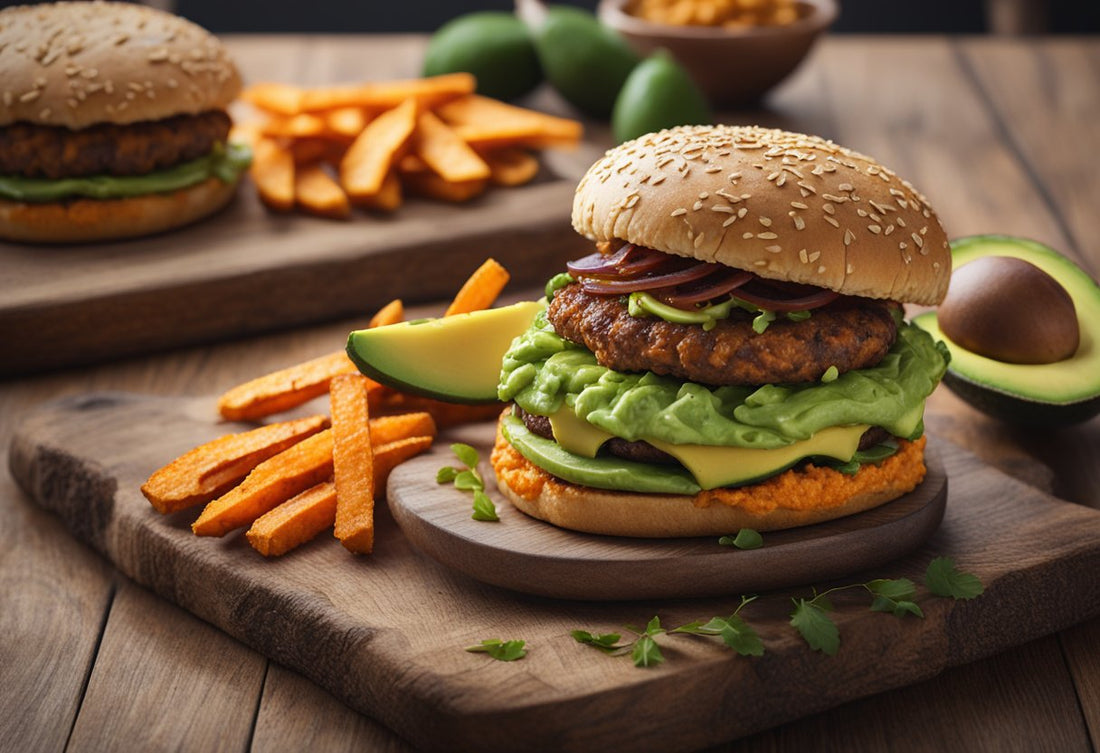 high protein vegan burger and fries