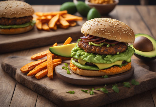 high protein vegan burger and fries