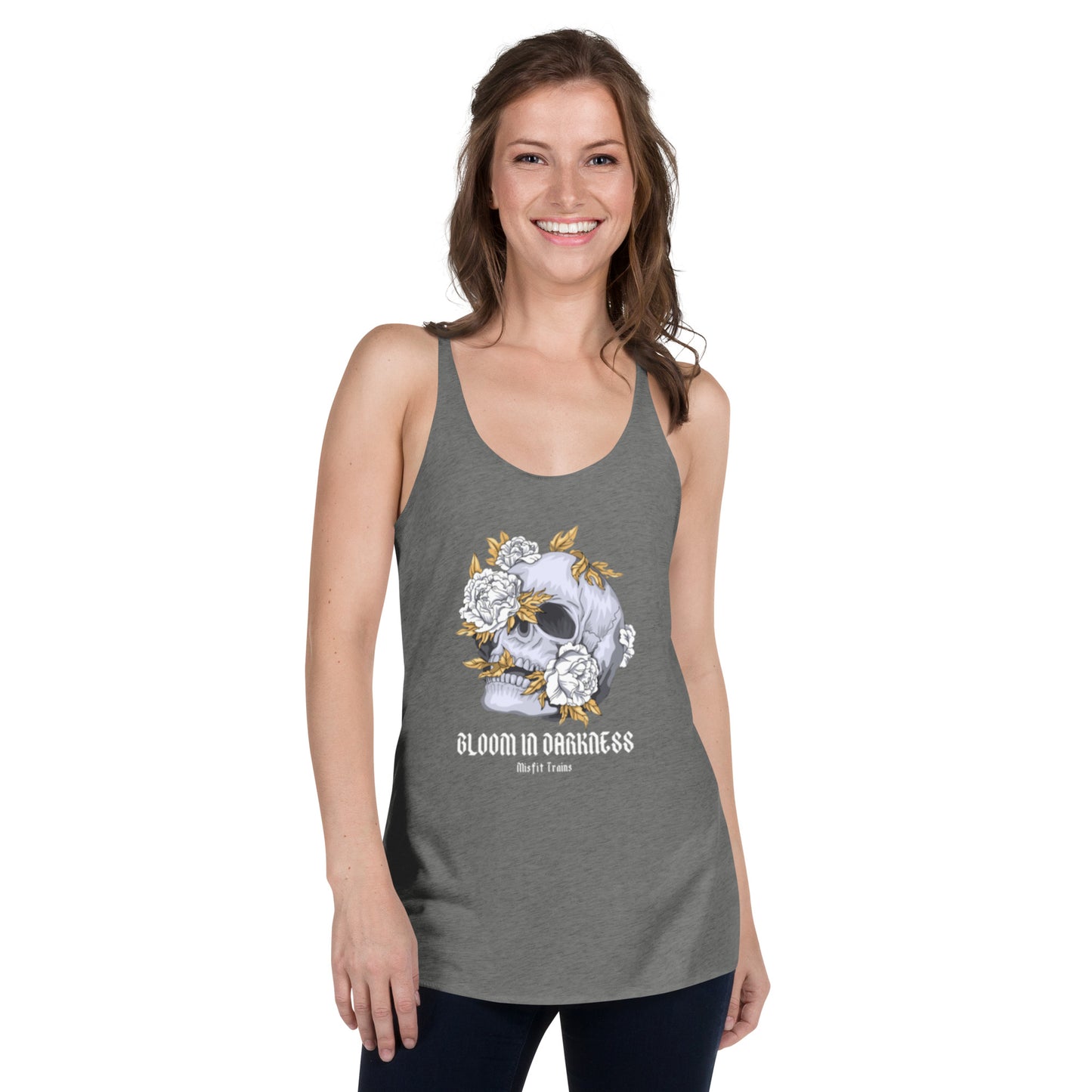 a woman in a grey bloom racerback tee