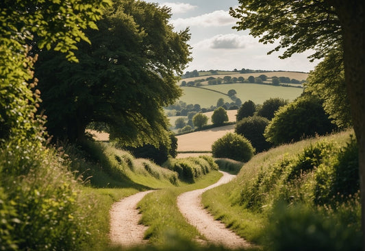 Lush green countryside paths wind through rolling hills and quaint villages in Oxfordshire