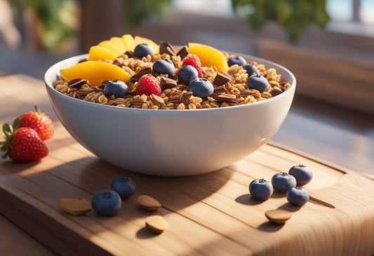 protein granola with chocolate and fruits