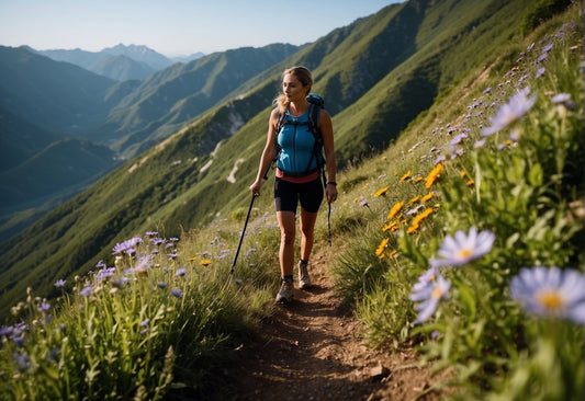 A woman hiking up a steep trail, surrounded by lush greenery and wildflowers, with a clear blue sky overhead