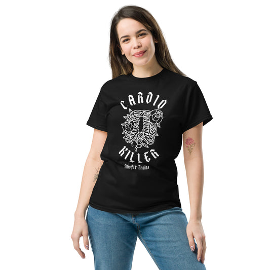 woman wearing misfit trains cardio killer t shirt